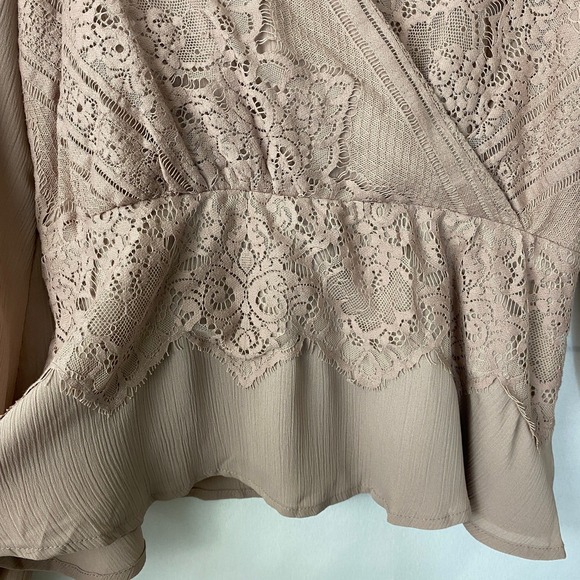 Lulus Loving Arms Taupe Lace Long Sleeve Peplum Blouse Top Women M Romantic Chic - Picture 4 of 11